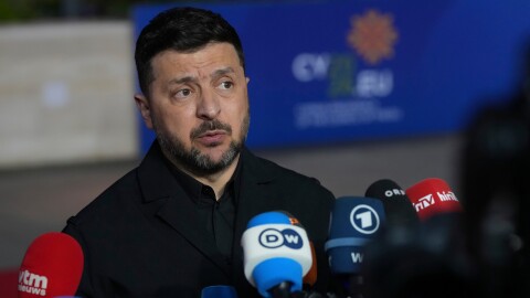 Ukraine's President Volodymyr Zelenskyy makes statements as he arrives for the EU Summit in Ayia Napa, Cyprus, Thursday, April 23, 2026.