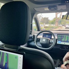 An inside view of a driverless Ojai Waymo vehicle shows the car navigating the roads around Balboa Park, Aug. 20, 2026.