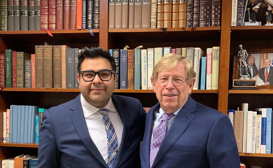 Attorneys Luis Cortes Romero, left, and Ted Olson representing the plaintiffs in the Department of Homeland Security v. Regents of the University of California case before oral arguments on Nov. 12, 2019.