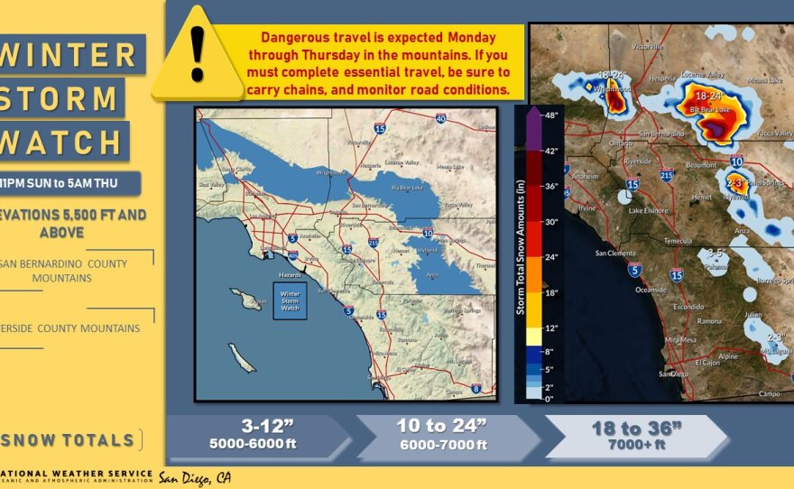 A National Weather Service map showing the forecast snow level for the San Diego region for April 5, 2020, through April 9, 2020.