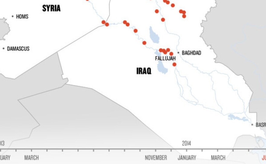 An animated map shows how ISIS has moved through Syria and Iraq