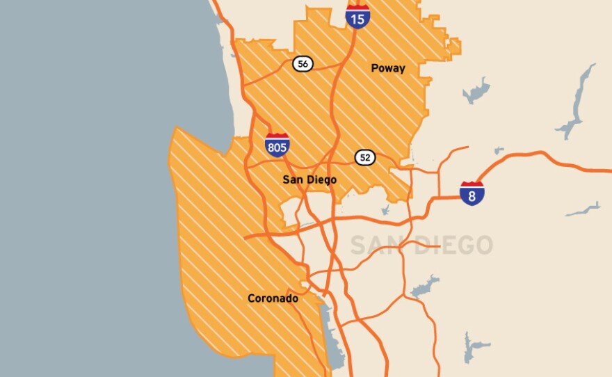 The 52nd Congressional District includes Coronado, Point Loma, Ocean Beach, Mission Beach, Pacific Beach, La Jolla, University City, Carmel Valley, Clairemont, Linda Vista, Tierrasanta, San Carlos, Mira Mesa, Rancho Peñasquitos, Scripps Ranch, Poway and Rancho Bernardo.