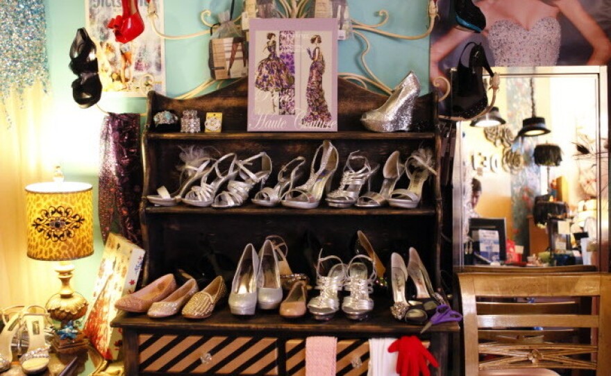 Shoes are displayed at the store "Deja Vu" in Alexandria, Va. Beauty pageant contestants often need multiple pairs of shoes per pageant to accompany different outfits, adding to the expense of participation. Photo taken on November 29, 2012.