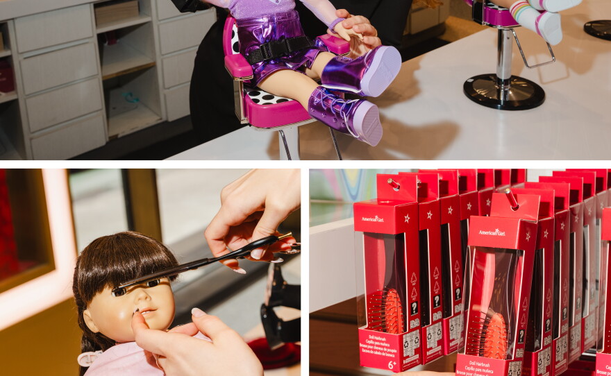 Top: Caley Aristy adjusts a doll at the salon. Left: Emily Friedrichsen trims the bangs of a doll belonging to NPR's Samantha Balaban. Right: Doll hairbrushes are for sale at the American Girl store.