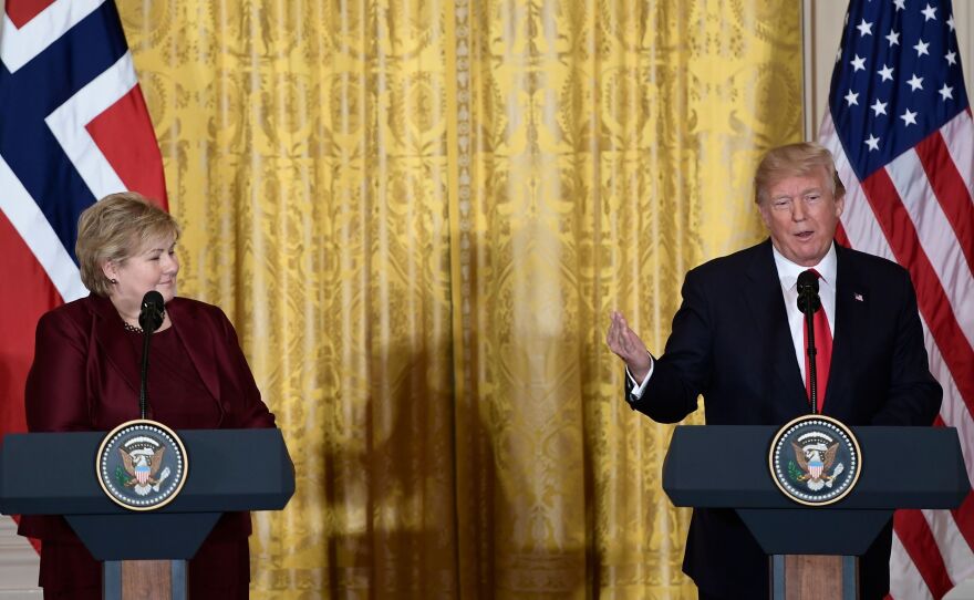 President Trump speaks during a news conference with Norwegian Prime Minister Erna Solberg at the White House on Wednesday.