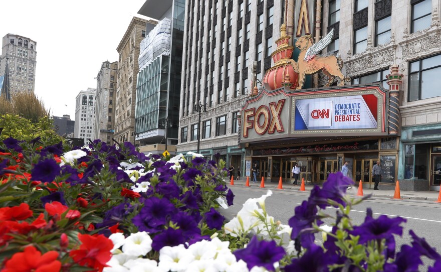 The Fox Theatre displays signs for the Democratic presidential debates in Detroit this week.