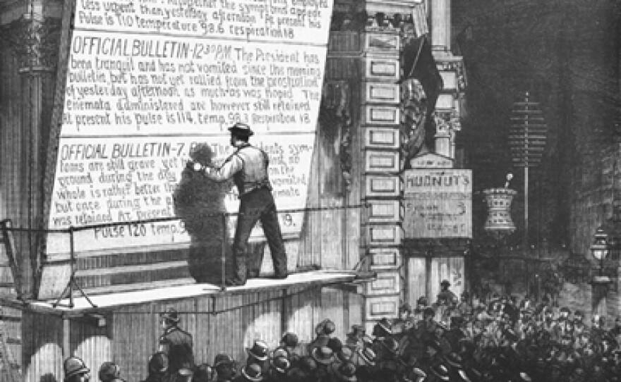 Illustration from Frank Leslie's Illustrated Newspaper, Sept. 3, 1881. Dr. Bliss regularly issued medical bulletins about the president’s condition, which were posted at telegraph offices and on wooden billboards outside newspaper buildings.
