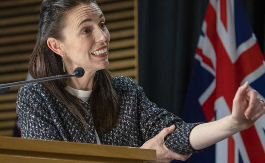 New Zealand Prime Minister Jacinda Ardern addresses a post-Cabinet press conference at Parliament in Wellington, New Zealand, Monday, Oct. 4, 2021.