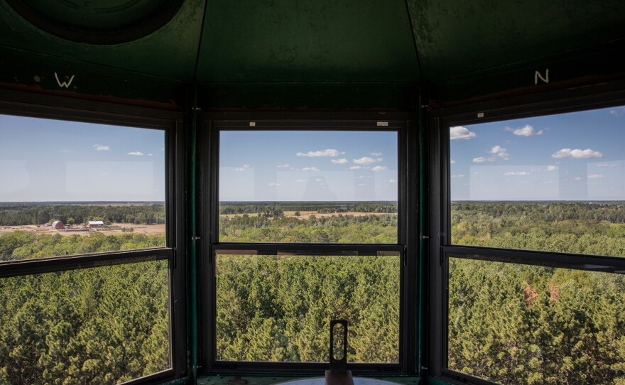 An Osborne Fire Finder, a type of alidade tool used to locate fires, inside the cab of the fire tower at the DNR Forestry Station in Nimrod, Minnesota. The tower in Nimrod is one of the only fire towers in the state still actively used for fire detection.