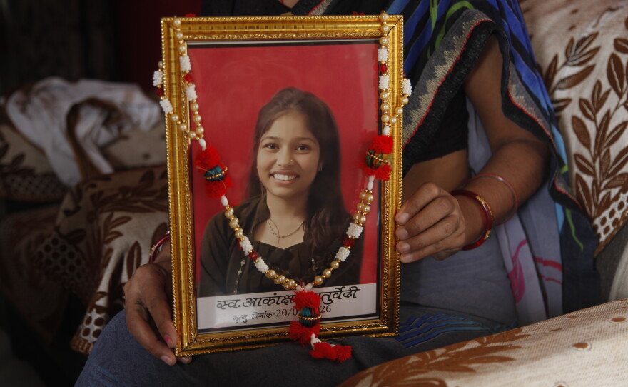 A close-up of a photograph of Akanksha Chaturvedi, who was 18 when she took her own life in May.