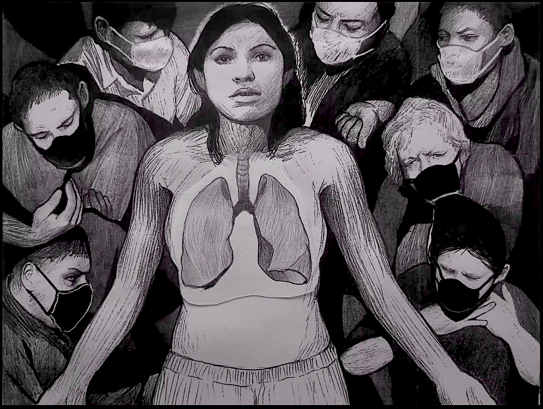 A woman is sketched with a representation of her lungs on the outside. A group of people stand beneath her, wearing masks.