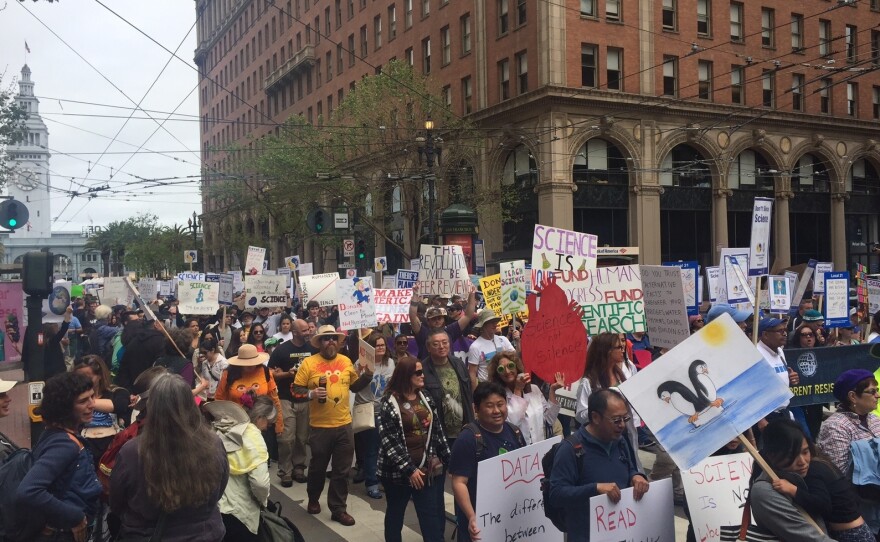 Marchers on Market Street in San Francisco make their way from Justin Herman Plaza to Civic Center plaza.