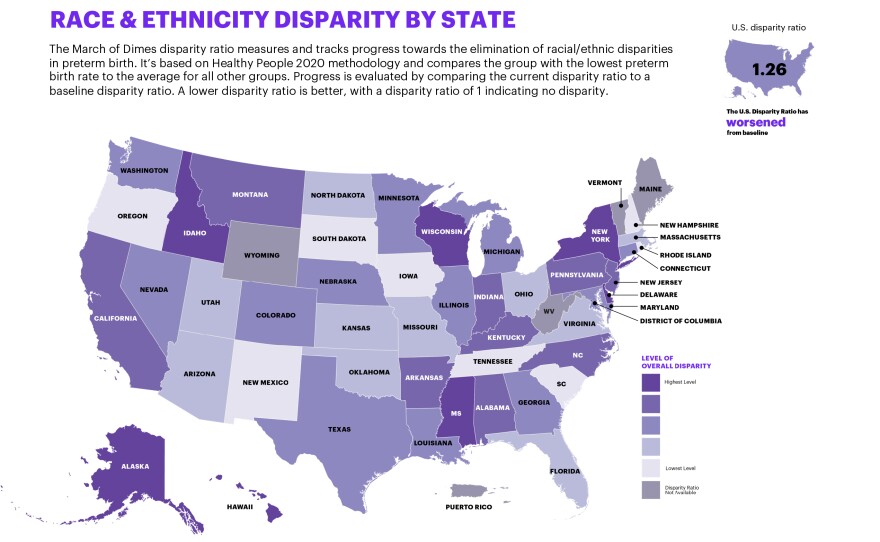 The report finds that racial disparities are widening in many parts of the country. Overall, babies born to Black and Native American moms are much more likely to be born early.