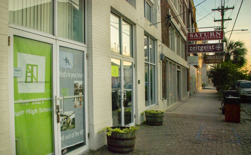 The NET Charter High School sits on a typical New Orleans strip.