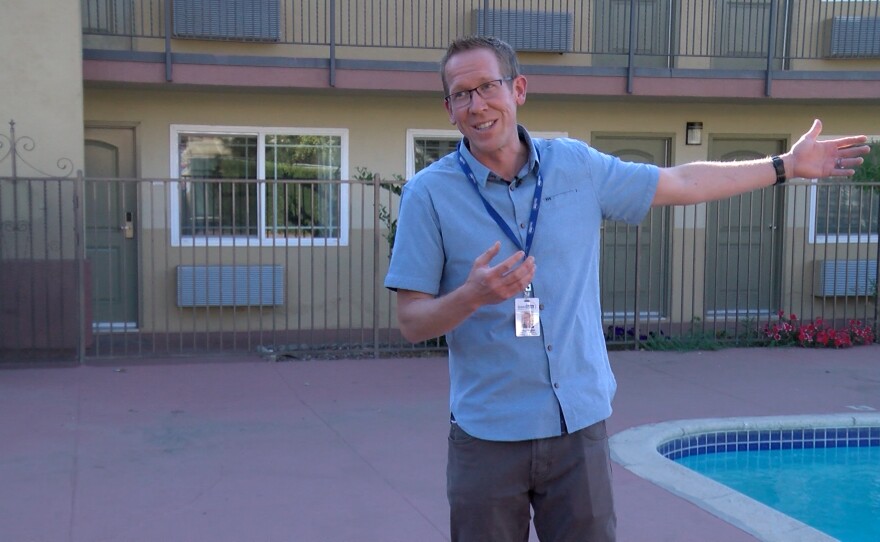 CEO of Interfaith Community Services, Greg Anglea, at the newly purchased hotel in Escondido that will serve as transitional and recuperative housing for the homeless in North County, on Octotber 13, 2020.