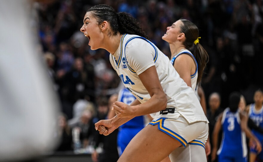 UCLA center Lauren Betts (51) rects after defeating Duke in the Elite Eight of the NCAA college basketball tournament Sunday, March 29, 2026, in Sacramento, Calif.