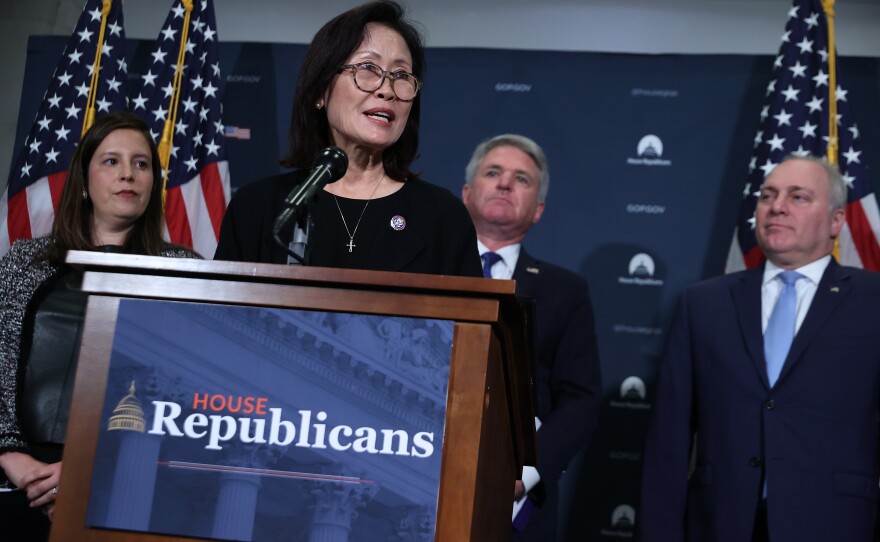 Rep. Michelle Steel (2nd L) talks with reporters during a news conference with (L-R) House Republican Conference Chair Rep. Elise Stefanik, Rep. Mike McCaul and House Minority Whip Steve Scalise following a House Republican caucus meeting at the U.S. Capitol Visitors Center on October 20, 2021 in Washington, D.C.