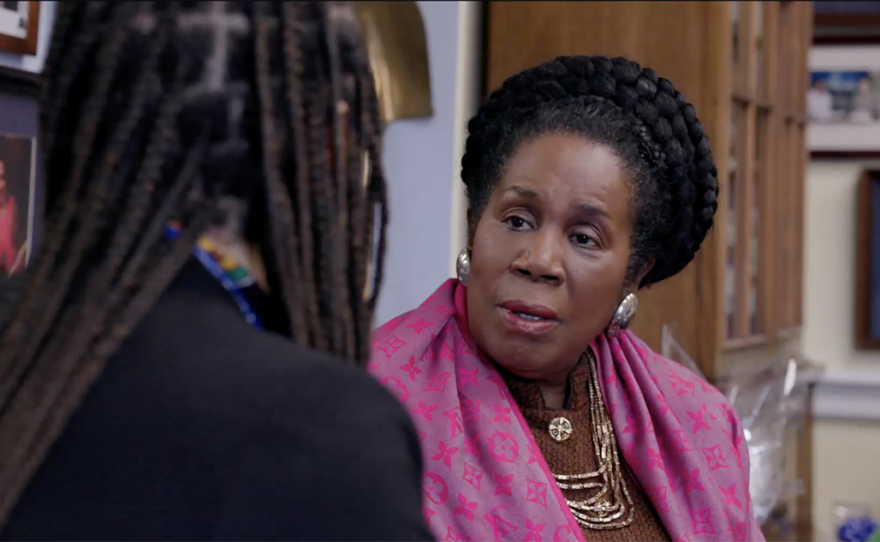 Congresswoman Sheila Jackson Lee sits with Evanston, Ill. Alderwoman, Robin Rue Simmons, in the Congresswoman's Washington, DC office.