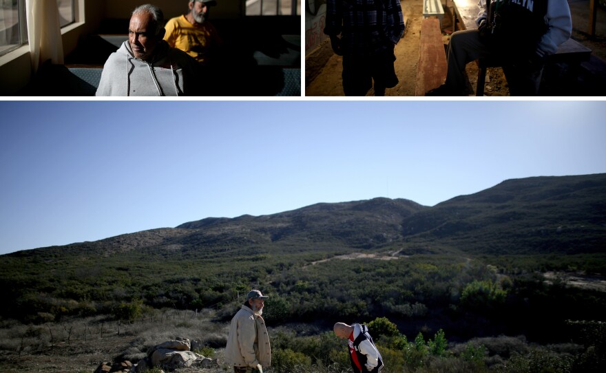 At top left, Felix Alvarez, a U.S. Army vet, sits with his friend Augie Garcia, a U.S. Navy vet, at another rehabilitation center, in the hills outside of Tijuana. At top right, Hector Barajas chats with a vet who asked not to be named in the kitchen area of the facility run by Salazar. At bottom, Garcia (left) talks with Barajas in the countryside of Tijuana during one of Barajas' visits.