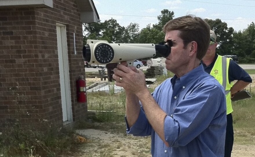 A man uses the Nasal Ranger to detect smells in the southern U.S., in this photo provided by St. Croix Sensory. In Denver, the device is being used to monitor complaints of strong marijuana smells.