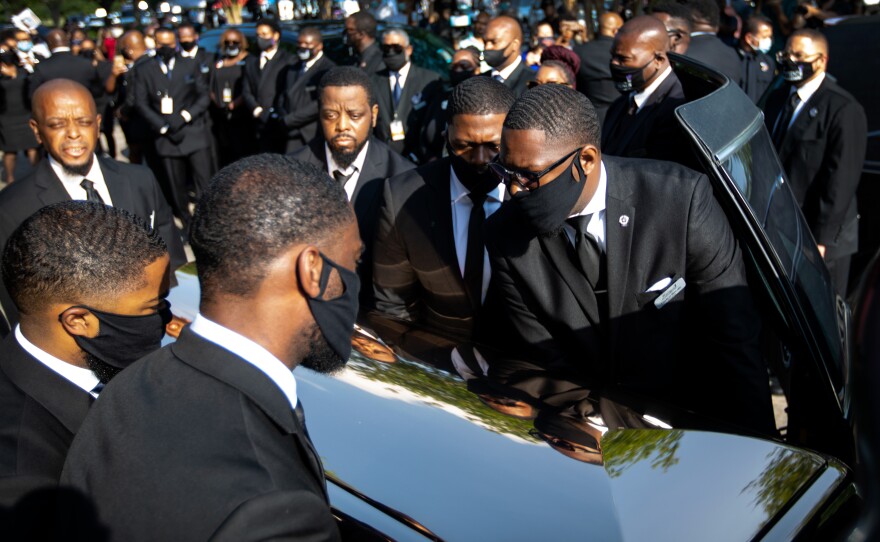 George Floyd's remains arrive for memorial service at the Fountain of Praise Church in Houston, Texas on June 9.