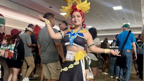 Adriana Ruiz, from Chula Vista was at Comic-Con for the first time dressed as Riju, from “The legend of Zelda: Breath of the Wild on Sunday July 27, 2025.<br/>