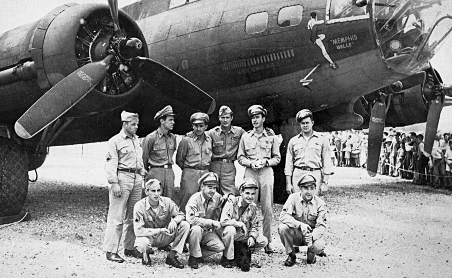The crew of the Memphis Belle, a Flying Fortress B-17F, poses in front of their plane in 1943, in Asheville, N.C.