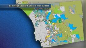 San Diego County's General Plan Update will affect the unincorporateed areas of the County east of the city boundary lines. The red line running through the map is the County Water Authority line,  where much of the County's future growth will occur.