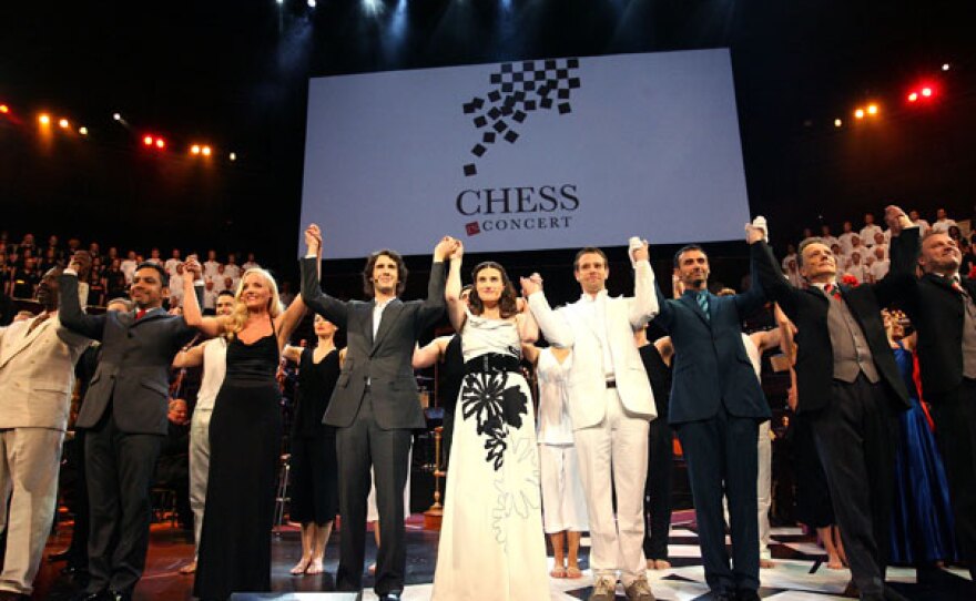 The Chess cast, featuring Josh Groban, Idina Menzel and Adam Pascal (in center), takes a bow.