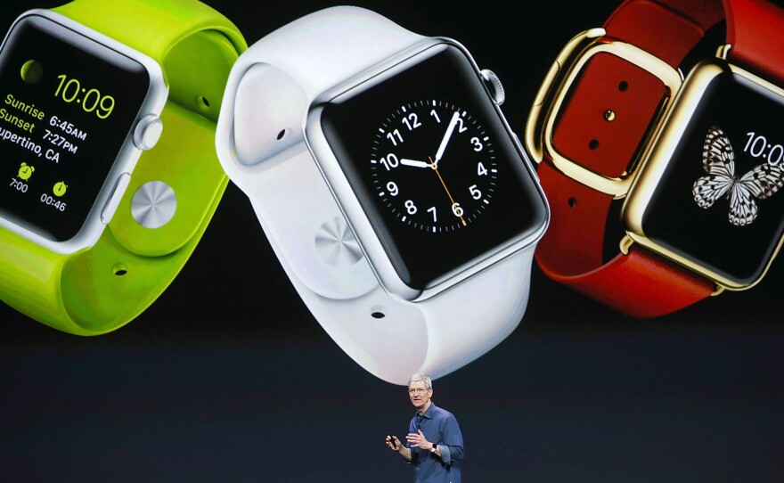 Apple CEO Tim Cook speaks Sept. 9 during an event at the Flint Center for the Performing Arts in Cupertino, Calif., where he unveiled the Apple Watch. The device officially goes on sale Monday.