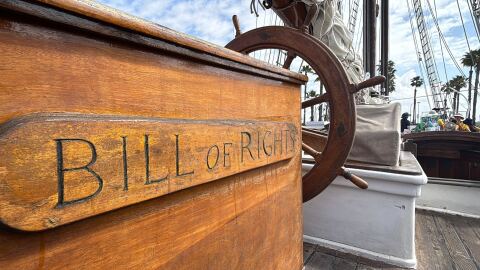 The Bill of Rights displays its name on the wheel of the ship, April 1, 2026.