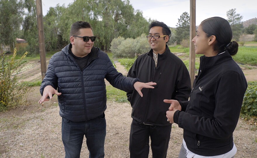 Host Jorge Meraz has fun talking with the award-winning Chef Marcelo Hisaki from Amores Restaurant and his wife Reyna who is executive chef at Rancho La Puerta Spa in Tecate, Mexico.