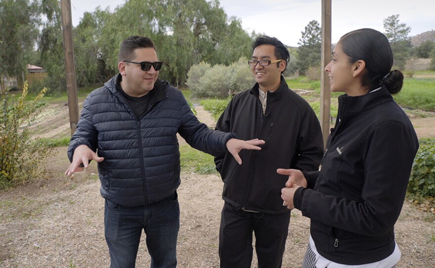 Host Jorge Meraz has fun talking with the award-winning Chef Marcelo Hisaki from Amores Restaurant and his wife Reyna who is executive chef at Rancho La Puerta Spa in Tecate, Mexico. 