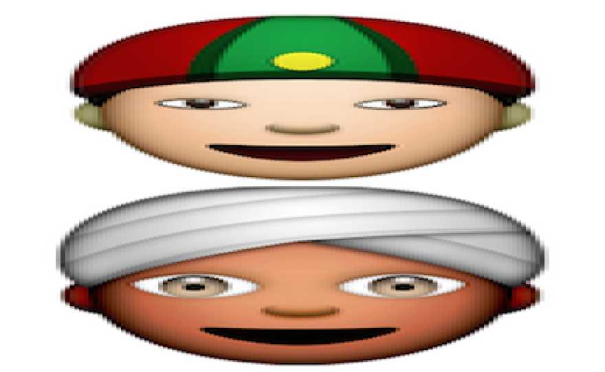 Apple's default emoji keyboard features only two people of color: an Asian man wearing a Gua Pi Mao hat and a man wearing a nondescript turban.