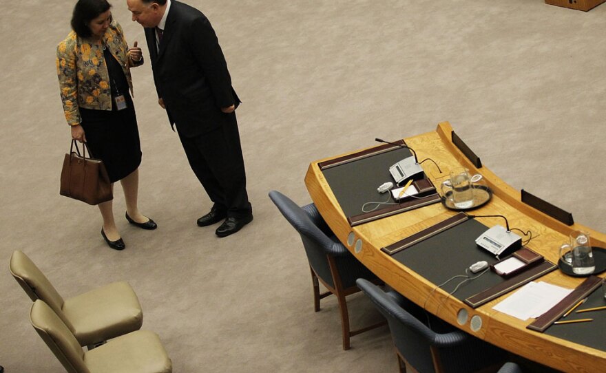 Brazil's U.N. ambassador, Maria Ribeiro Viotti (left), speaks with Turkish Ambassador to the U.N. Ertugrul Apakan after a June 9 Security Council vote to impose more sanctions on Iran for its suspect nuclear program. Brazil and Turkey voted against the resolution.