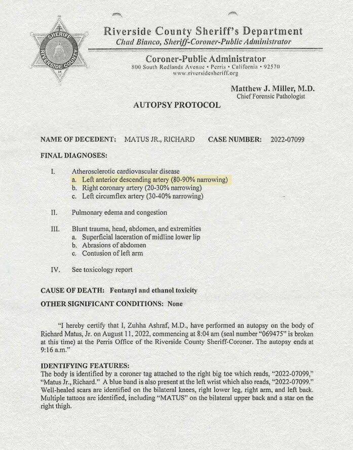 The Riverside County Sheriff’s Department coroner’s death record for Richard Matus Jr. 