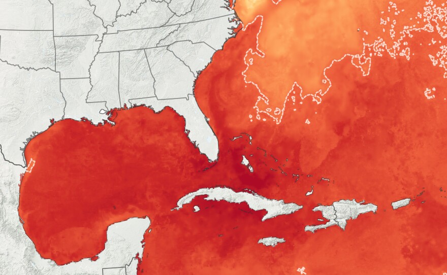 This graphic, provided by NASA, shows abnormally warm ocean temperatures. Forecasters believe this will continue to fuel an already above-average Atlantic hurricane season.