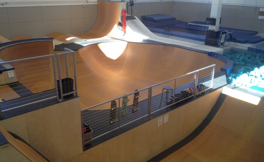 Training facilities, like this indoor freestyle snowboard and ski training area, are just below the classrooms.