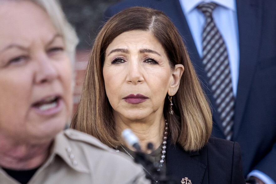 San Diego County District Attorney Summer Stephan at a news conference touting the success of a crackdown on illegal cannabis dispensaries in unincorporated East County. San Diego County Administration Center, Feb. 17, 2022.
