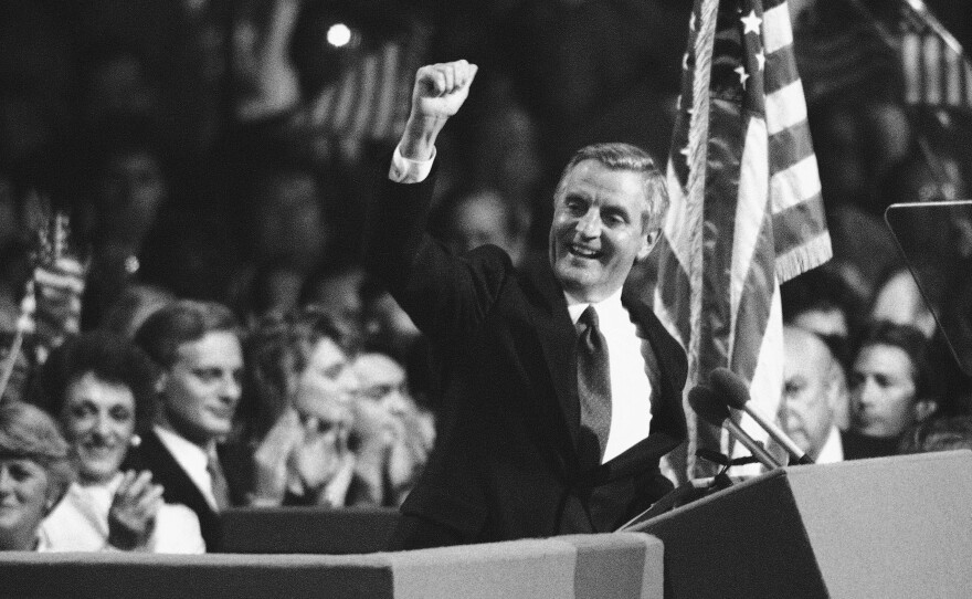 Walter Mondale, the 1984 Democratic presidential nominee, pumps his fist during his acceptance speech at the Democratic National Convention in San Francisco.