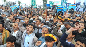 Supporters of Yemen's Houthi rebels shout slogans during a rally in support of the group in Sanaa, Yemen, Friday, Sept. 18, 2026.