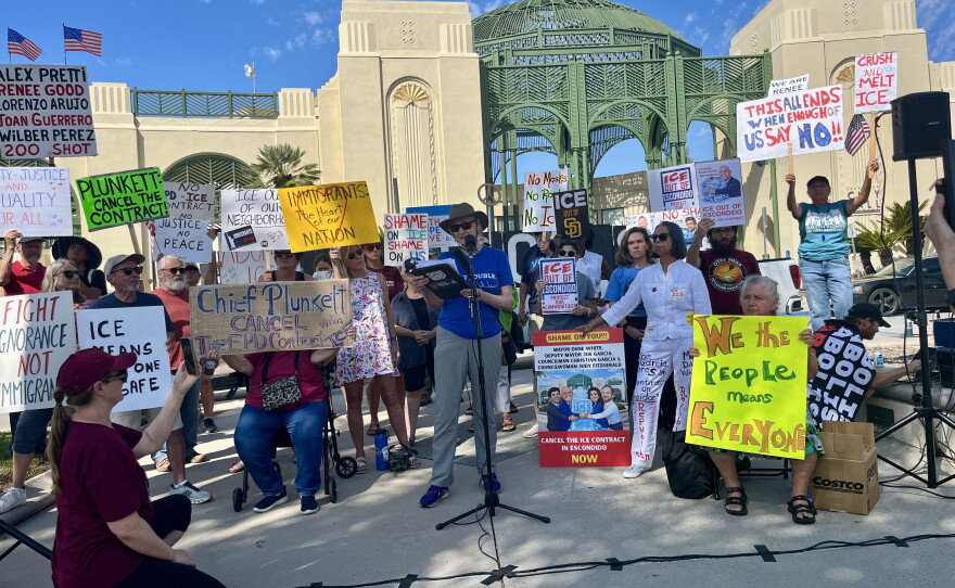 Protestors gather in front of Escondido City Hall, Sept. 24, 2026.