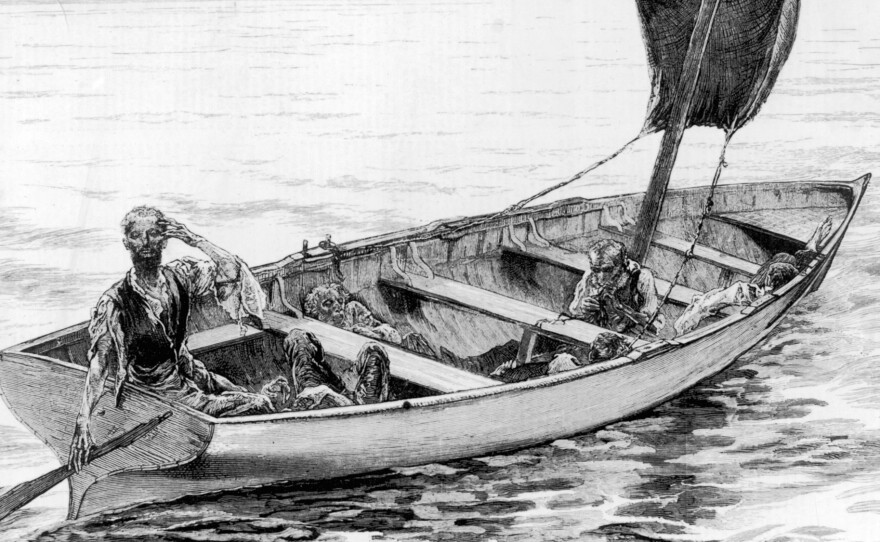 An illustration from 1875 depicts the survivors of the frigate Cospatrick, which caught fire off South Africa's Cape of Good Hope in November 1874. Of more than 470 people on board, just three ultimately survived, and they were reduced to cannibalism.