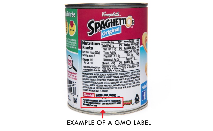 A mockup of a possible GMO label on a can of Campbell's Spaghetti-Os, with these words: "Partially produced with genetic engineering." Unless Congress or a federal court intervene, Vermont's new GMO labeling law will go into effect in July. So some companies are scrambling to comply.