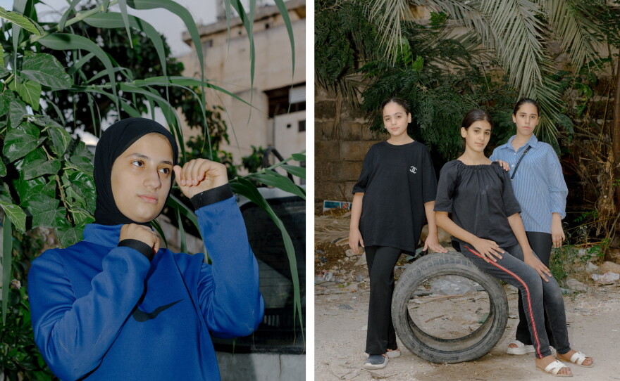 Left, Hala "I love to train for jiu jitsu, and I never want to skip. Every time I can sign myself up to train, I would train more. I don't sleep at night since the last war. It is hard for me to fall asleep because of the fear of the bomb sounds—wondering if it is going to hit us or not. I prefer to stay awake, and once the sun shines, I will sleep." Right, Tia, Faten, Lana always love to team up together.