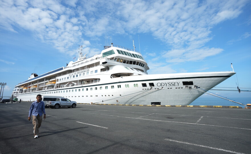 A US cruise ship MV. Odyssey docked at Sihanoukville Autonomous Port in Sihanoukville southern Cambodia, Thursday, Oct. 29, 2026.