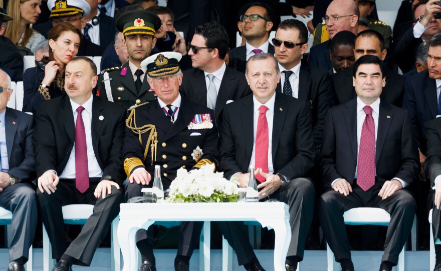 Britain's Prince Charles and Turkey's President Recep Tayyip Erdogan (front and center) attend a service marking the 100th anniversary of the battle of Gallipoli, one of the most monumental clashes of World War I. The event was held at the Canakkale Turkish Martyrs' Memorial Abide in Seddulbahir, Turkey.