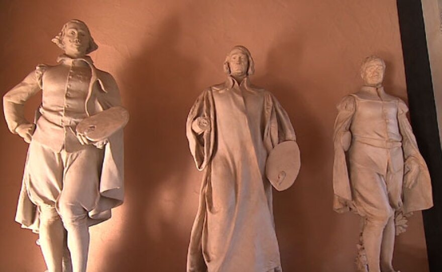 Statues of Diego Velázquez, Francisco de Zurbarán and Bartolomé Esteban Murillo, famous 17th Century Spanish artists, Balboa Park.