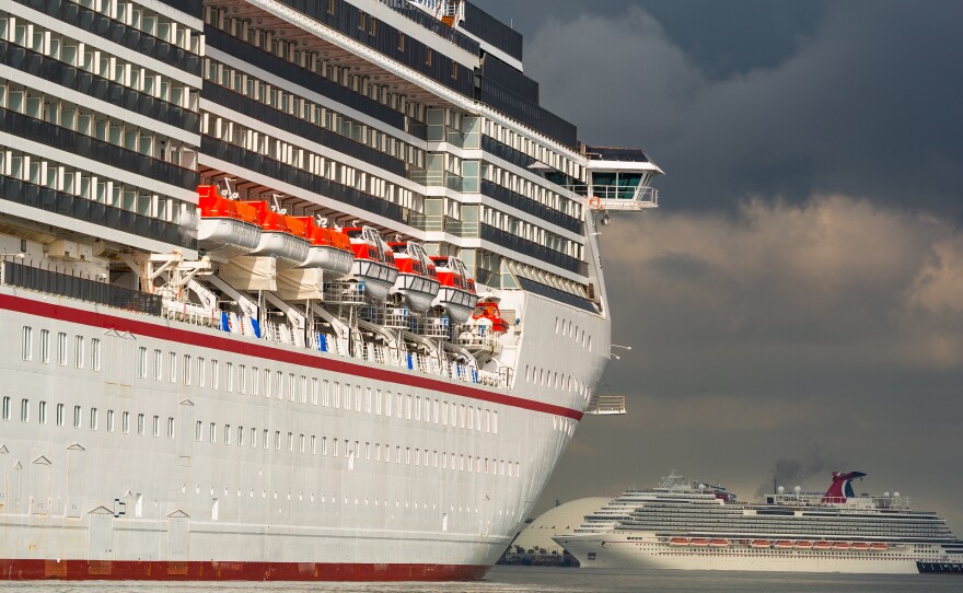 The Carnival Corp. Miracle and Panorama cruise ships anchored in Long Beach, Calif. on April 13, 2020.