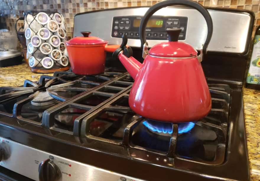 A kettle on a gas stove in Del Mar is shown in this photo, Calif. Jan. 4, 2023.